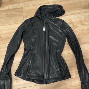 Lululemon Black Leather Jacket with Hood and Fitted Design
